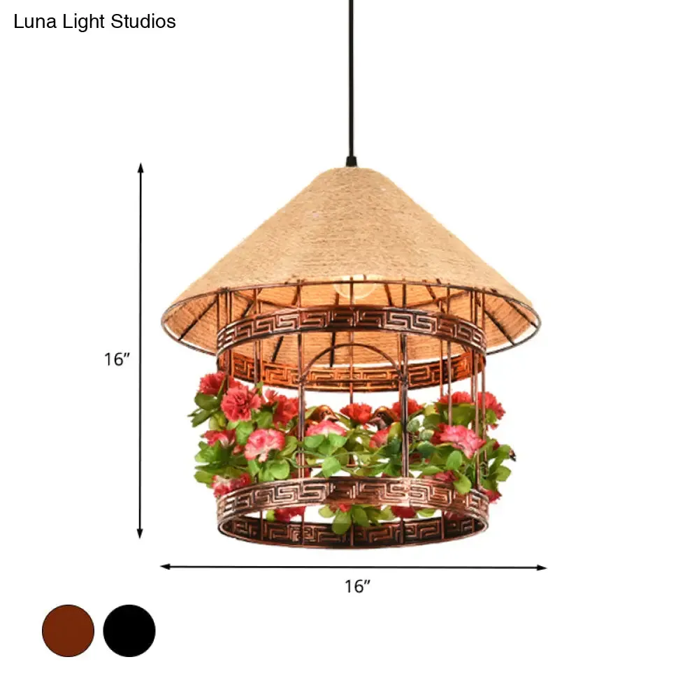 Vintage Black/Rust Finish House Pendant Ceiling Light with Rope Hanging and Flower/Vine Deco - 1-Bulb Hanging Lamp Kit