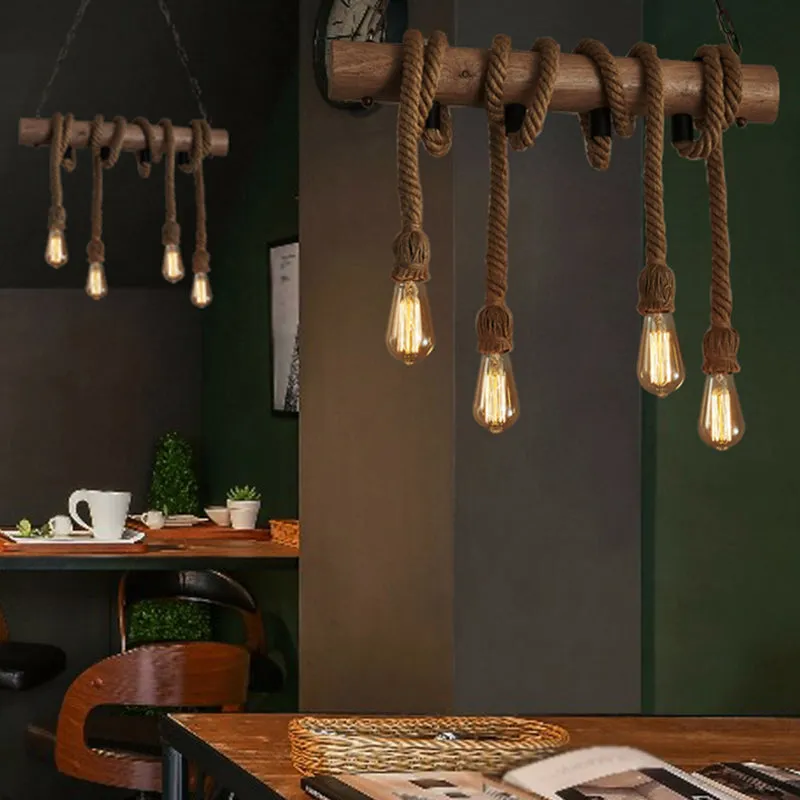 Vintage Hemp Rope Pendant Light with Exposed Bulbs - 4-Light Wood Island Ceiling Fixture