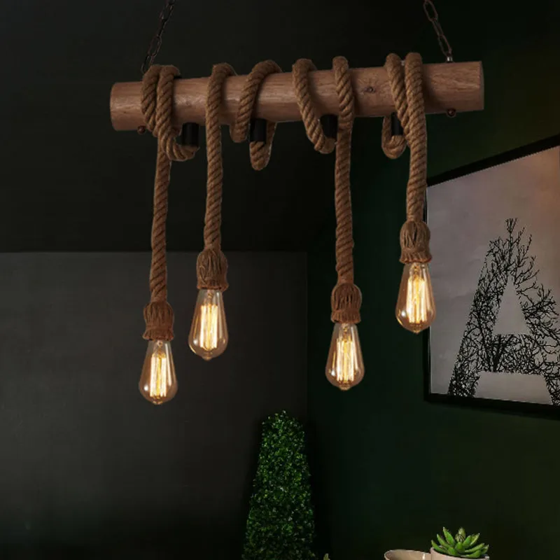 Vintage Hemp Rope Pendant Light with Exposed Bulbs - 4-Light Wood Island Ceiling Fixture