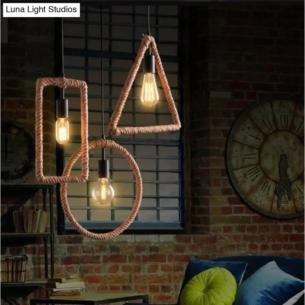 Vintage Iorn Painted Creative Geometric Rope Pendant Lights LED Pendant Lamp For Living Room Bedroom Hallway Kitchen Cafe