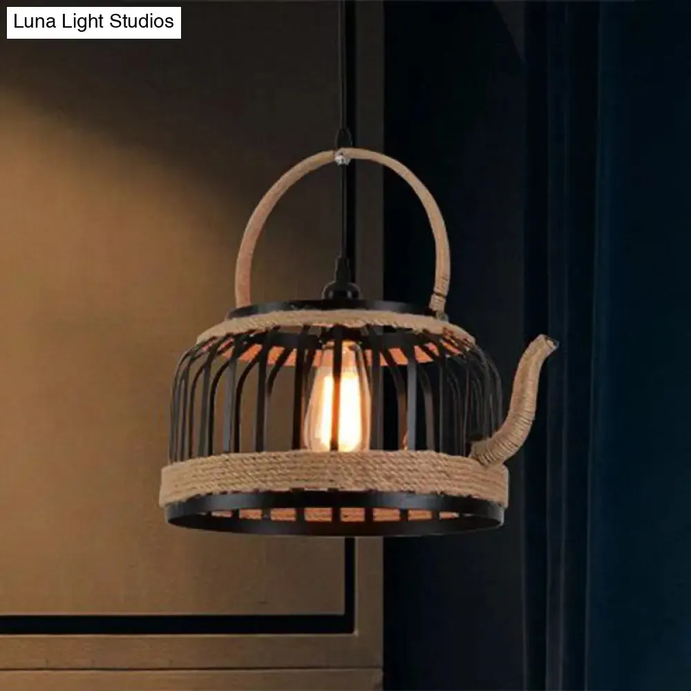 Vintage Kettle Cage Pendant Light - Metal & Rope Hanging Lamp in Beige - Ideal for Restaurants