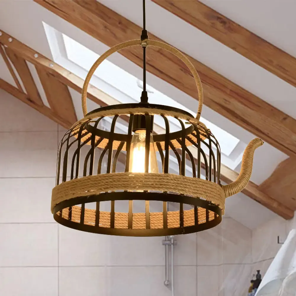 Vintage Kettle Cage Pendant Light - Metal & Rope Hanging Lamp in Beige - Ideal for Restaurants