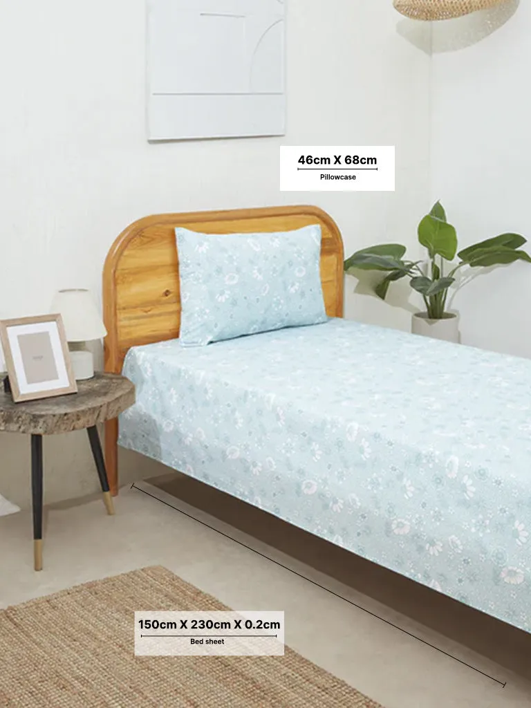 Westside Home Aqua Floral Print Single Bed Flat sheet and Pillowcase Set