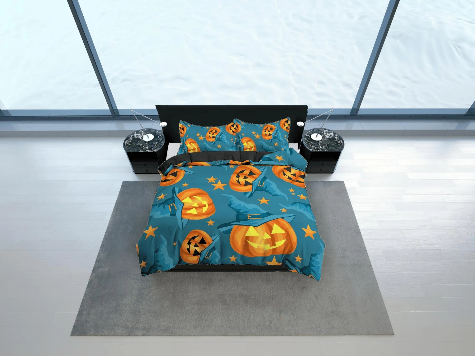 Witchy pumpkin halloween full size bedding & pillowcase, sea green duvet cover set dorm bedding, nursery toddler bedding, halloween gift