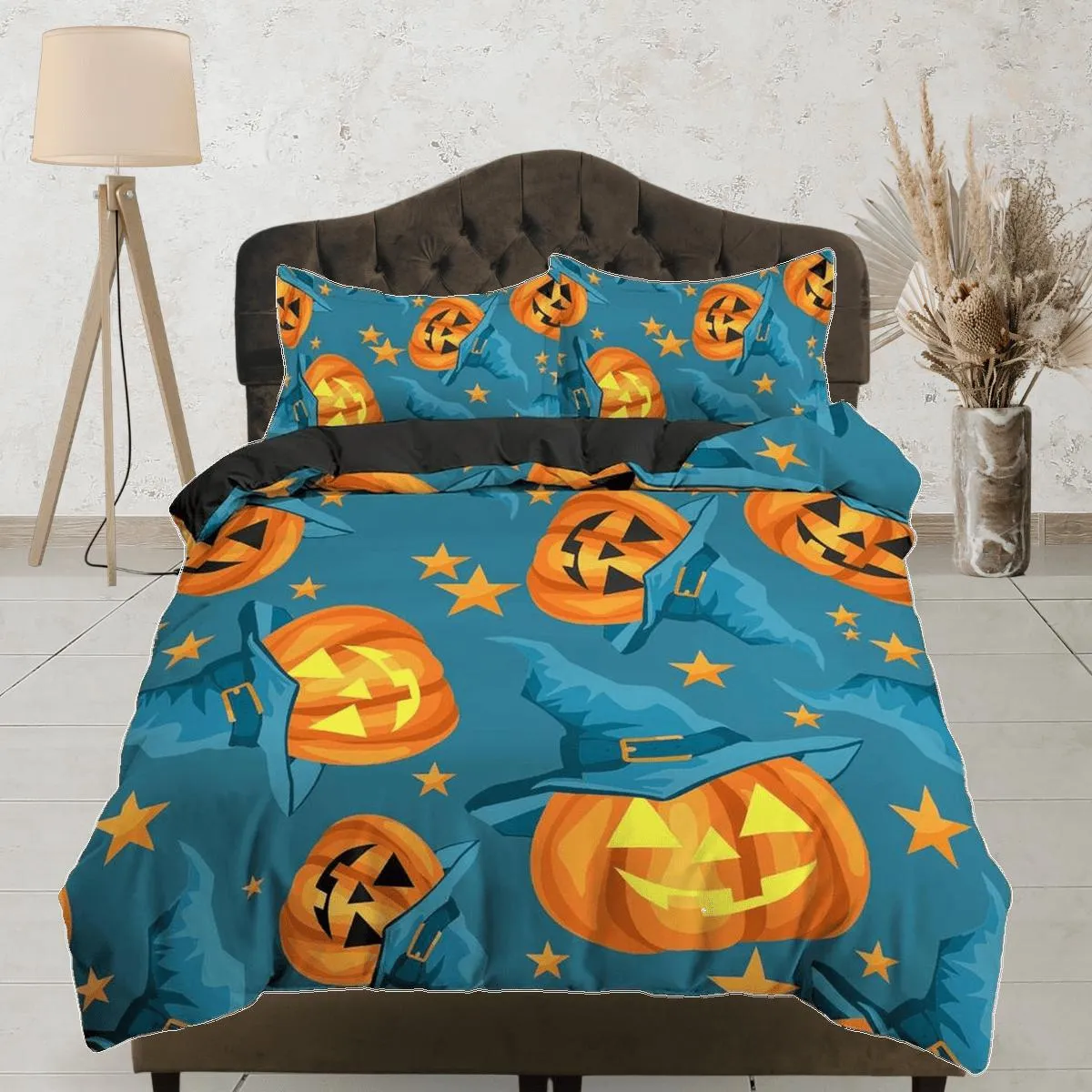 Witchy pumpkin halloween full size bedding & pillowcase, sea green duvet cover set dorm bedding, nursery toddler bedding, halloween gift