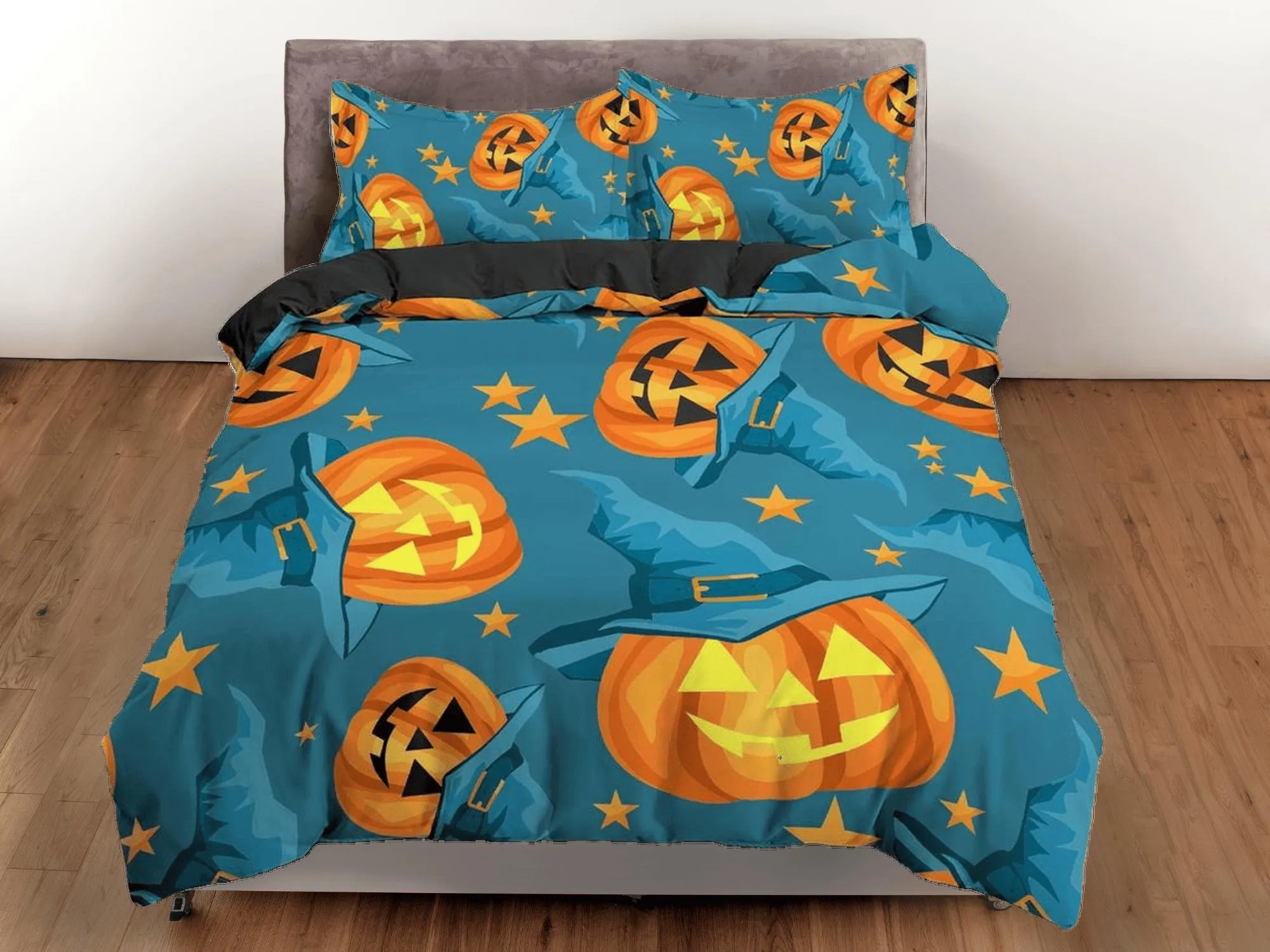 Witchy pumpkin halloween full size bedding & pillowcase, sea green duvet cover set dorm bedding, nursery toddler bedding, halloween gift