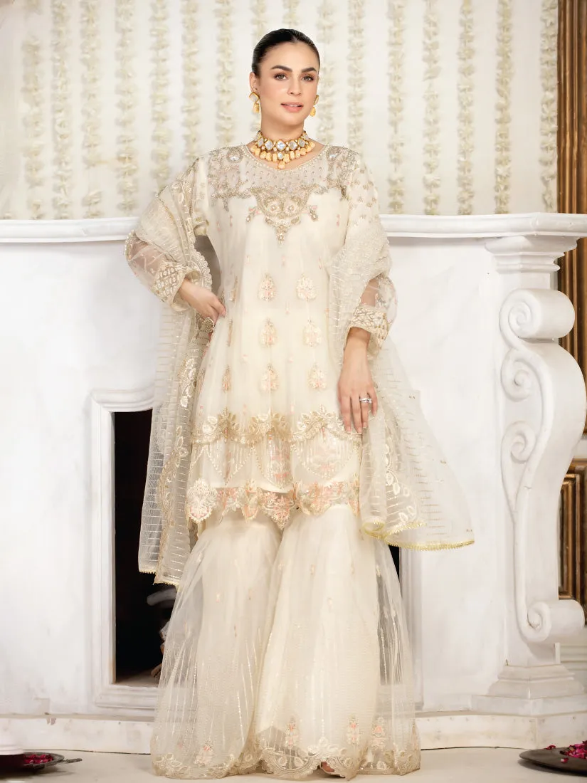 Zarqun Off-White Soft Net Frock Suit with Gharara