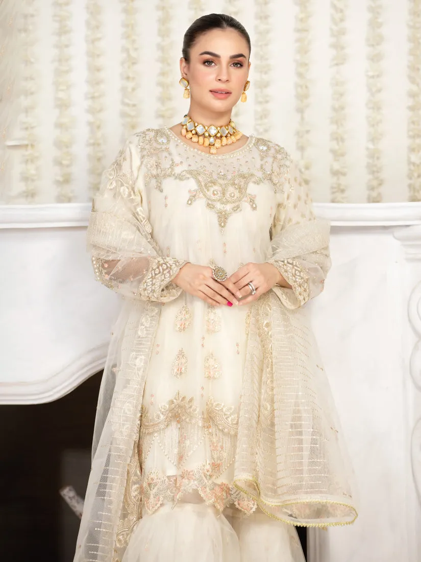 Zarqun Off-White Soft Net Frock Suit with Gharara