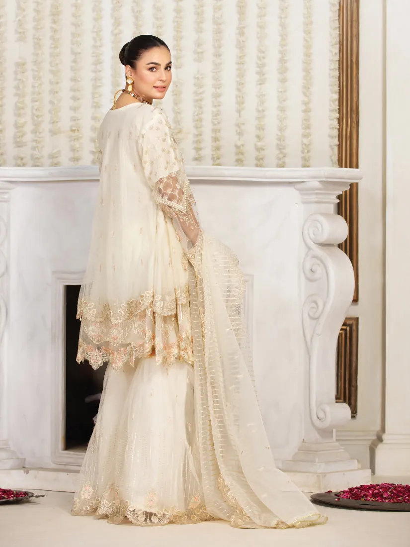 Zarqun Off-White Soft Net Frock Suit with Gharara